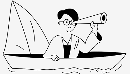 A student in a boat looking ahead through a telescope